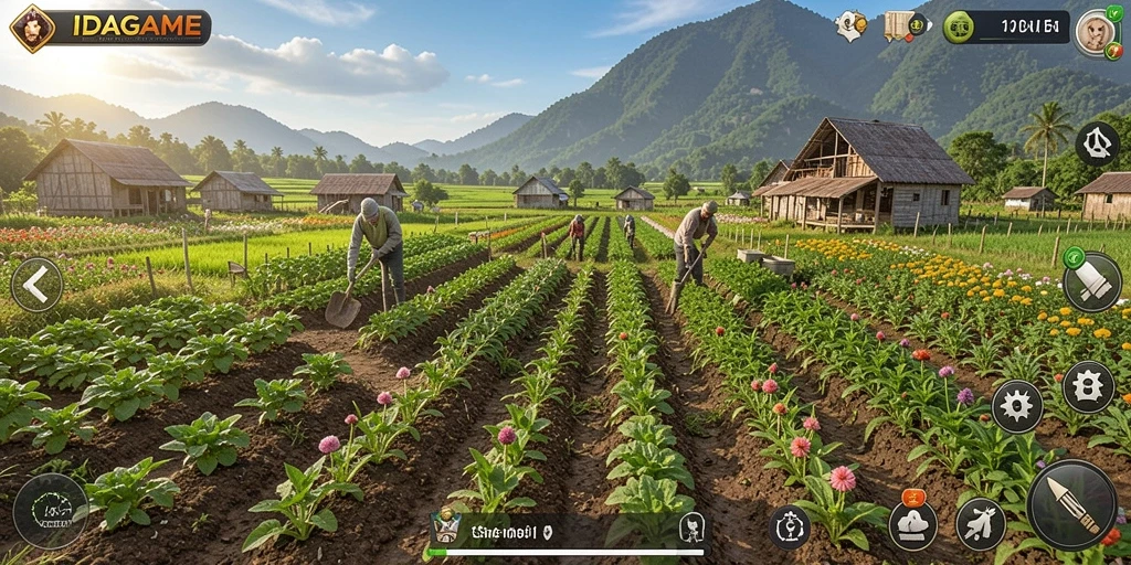 Tampilan permainan IDAGAME dengan latar pertanian yang indah.
