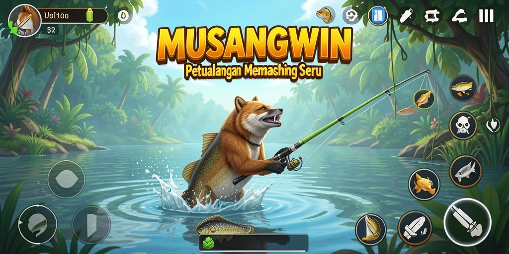 Tampilan gameplay yang menakjubkan dalam MUSANGWIN dengan suasana memancing yang realistis.