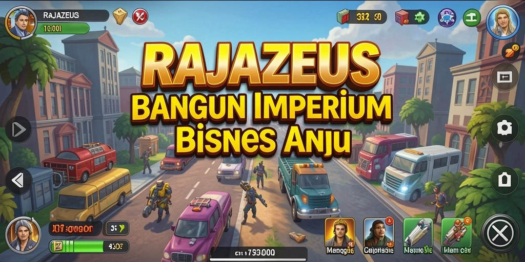Screenshot gameplay RAJAZEUS memperlihatkan suasana bisnis yang dinamis.