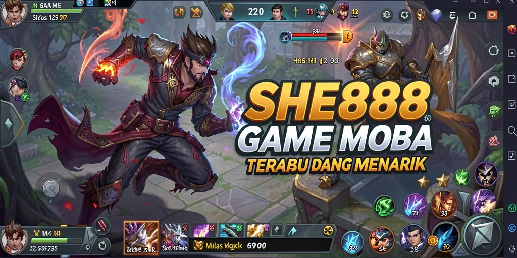 Screenshot utama SHE888 menampilkan aksi pertempuran seru dalam game MOBA.