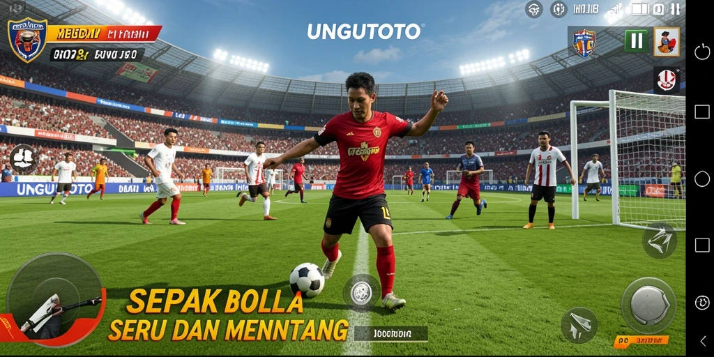 Screenshot utama UNGUTOTO menampilkan aksi seru dalam pertandingan sepak bola.